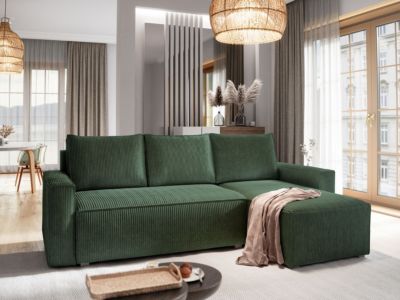 Canapé d'angle potaro vert en velours côtelé avec fonction de couchage
