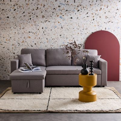 Canapé d'angle SMILE convertible réversible compact 3 places en tissu gris clair. L 213.5 x P 136.5 x H 83cm. avec coffre de