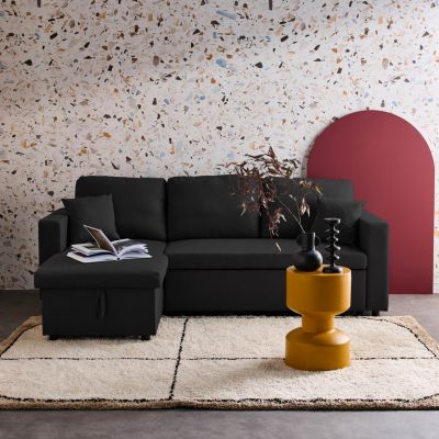 Canapé d'angle SMILE convertible réversible compact 3 places en tissu noir. L 213.5 x P 136.5 x H 83cm. avec coffre de rangement