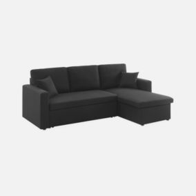 Canapé d'angle SMILE convertible réversible compact 3 places en tissu noir. L 213.5 x P 136.5 x H 83cm. avec coffre de rangement