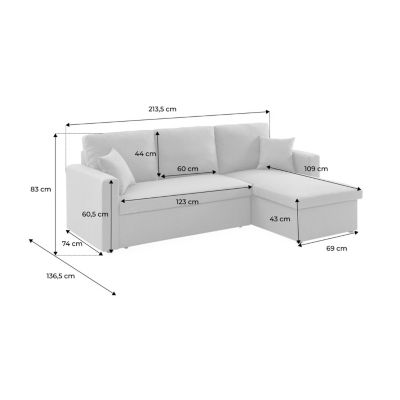 Canapé d'angle SMILE convertible réversible compact 3 places en tissu noir. L 213.5 x P 136.5 x H 83cm. avec coffre de rangement