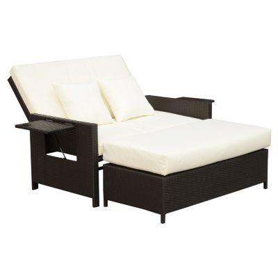 Canapé de jardin 2 places - dossier inclinable, tablettes, coffre, matelas, coussins, repose-pieds - crème résine tressée chocolat