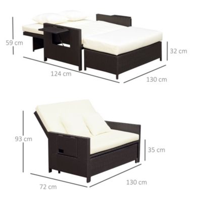 Canapé de jardin 2 places - dossier inclinable, tablettes, coffre, matelas, coussins, repose-pieds - crème résine tressée chocolat