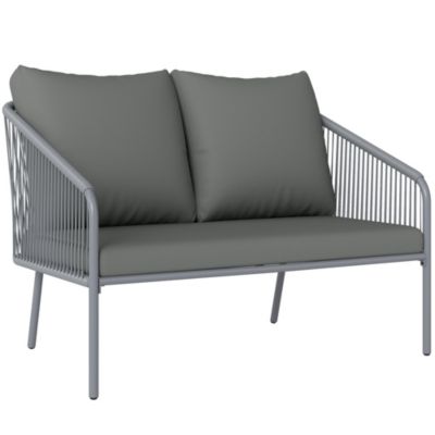 Canapé de jardin 2 places style bohème chic avec coussins assise dossier acier résine filaire gris
