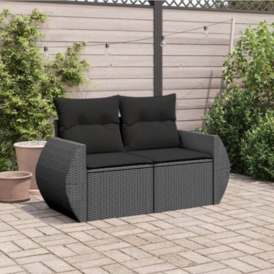 Canapé de jardin avec coussins 2 places en polyrotin noir vidaXL