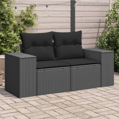 Canapé de jardin avec coussins 2 places en polyrotin noir vidaXL