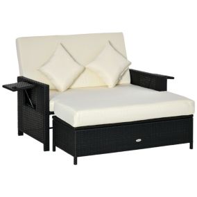 Canapé de jardin - dossier inclinable, tablettes, coffre, matelas, coussins, repose-pieds -  crème résine tressée 4 fils noire