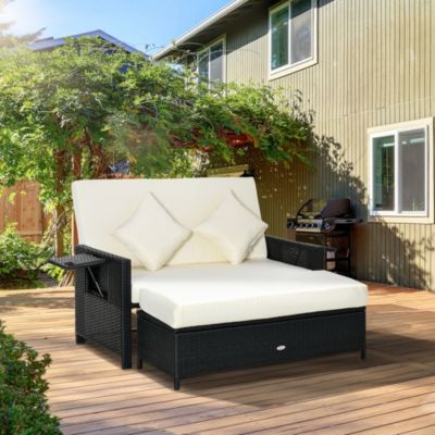 Canapé de jardin - dossier inclinable, tablettes, coffre, matelas, coussins, repose-pieds -  crème résine tressée 4 fils noire