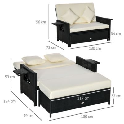 Canapé de jardin - dossier inclinable, tablettes, coffre, matelas, coussins, repose-pieds -  crème résine tressée 4 fils noire