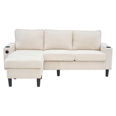 Canapé Divan Rembourré USB Type-C 3 Places Porte-Gobelets L Beige Blackcolors