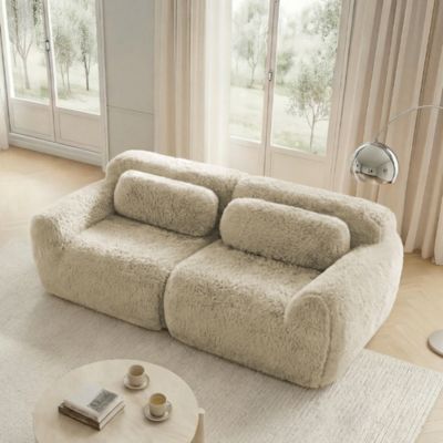 Canapé Droit 2 Places - avec Assise Moelleuse et Mousse Haute Résilience, Tissu Peluche, Coussins Inclus, 204x104x73 cm - Marron