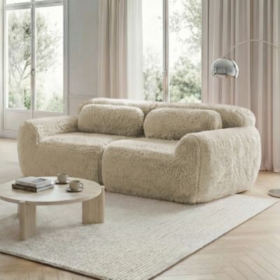 Canapé Droit 2 Places - avec Assise Moelleuse et Mousse Haute Résilience, Tissu Peluche, Coussins Inclus, 204x104x73 cm - Marron