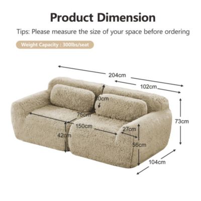 Canapé Droit 2 Places - avec Assise Moelleuse et Mousse Haute Résilience, Tissu Peluche, Coussins Inclus, 204x104x73 cm - Marron