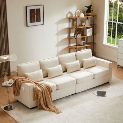 Canapé Droit 4 Places avec Accoudoirs et Coussins Amovibles, Revêtement en Lin, 264 x 83 x 87 cm - Beige