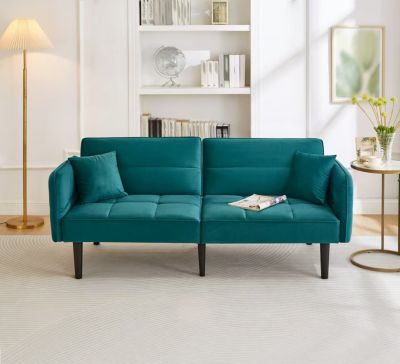 Canapé Droit Convertible 2 Places - avec Accoudoirs Rabattables - Style Moderne, Velours Confortable, Pieds en Bois - Vert
