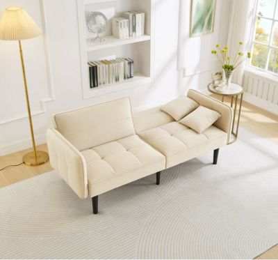 Canapé Droit Convertible 2 Places - Style Moderne avec Dossier et Accoudoirs Inclinables - Velours Confortable, Pieds Bois - Beige