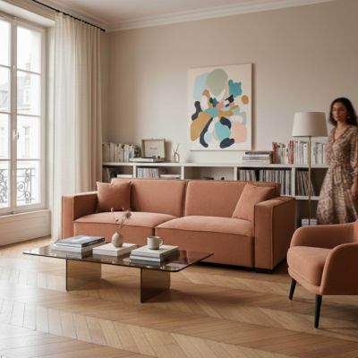 Canapé droit en velours côtelé 3 places L 230 cm terracotta  Oviala