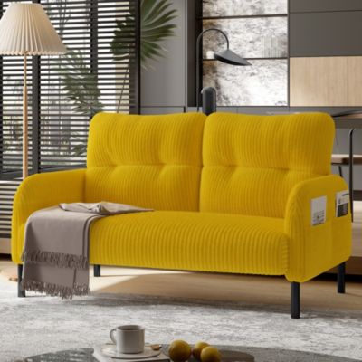Canapé Droit Fixe 2 Places Moderne avec Dossier et Accoudoirs Coussins - Pieds Métal - Velours Côtelé - Jaune