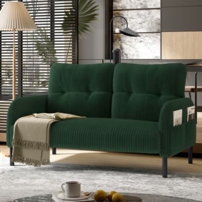 Canapé Droit Fixe 2 Places Moderne avec Dossier et Accoudoirs Coussins - Pieds Métal - Velours Côtelé - Émeraude