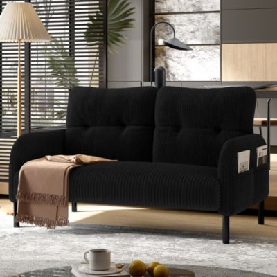 Canapé Droit Fixe 2 Places Moderne avec Dossier et Accoudoirs Coussins - Pieds Métal - Velours Côtelé - Noir