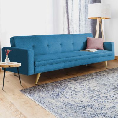 Canapé droit scandinave 3 places convertible LARS en tissu bleu canard