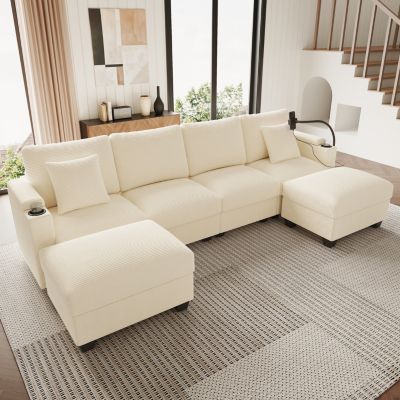 Canapé en U avec USB et Support Téléphone, 5-6 Places, Velours Côtelé - Beige
