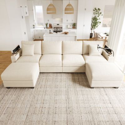 Canapé en U avec USB et Support Téléphone, 5-6 Places, Velours Côtelé - Beige