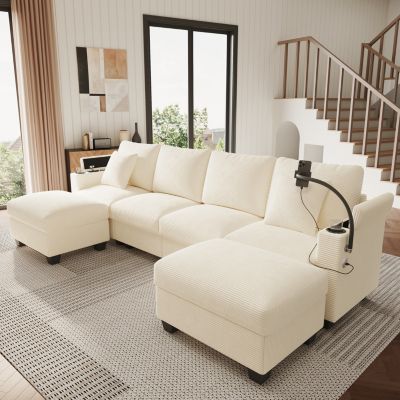 Canapé en U avec USB et Support Téléphone, 5-6 Places, Velours Côtelé - Beige