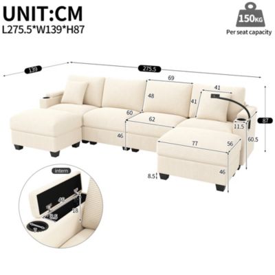 Canapé en U avec USB et Support Téléphone, 5-6 Places, Velours Côtelé - Beige