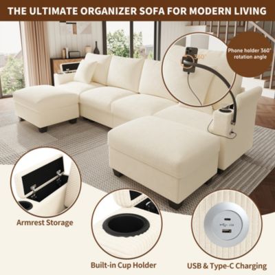 Canapé en U avec USB et Support Téléphone, 5-6 Places, Velours Côtelé - Beige