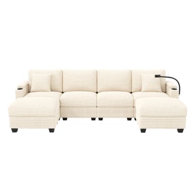 Canapé en U avec USB et Support Téléphone, 5-6 Places, Velours Côtelé - Beige