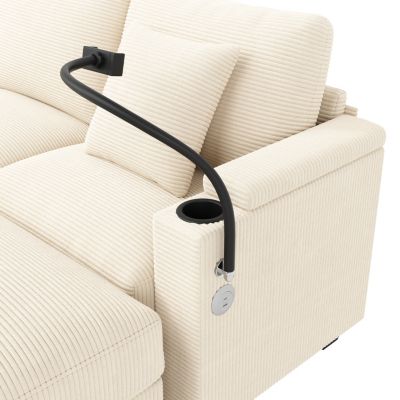 Canapé en U avec USB et Support Téléphone, 5-6 Places, Velours Côtelé - Beige