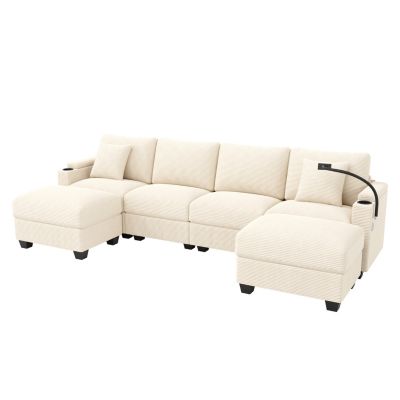 Canapé en U avec USB et Support Téléphone, 5-6 Places, Velours Côtelé - Beige