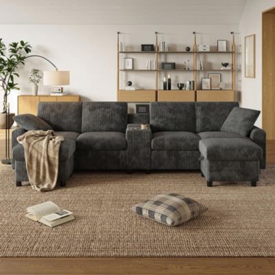 Canapé en velours côtelé en forme de U,315x81x135cm,gris, repose-pieds avec rangement, table basse, ports USB et Type-C