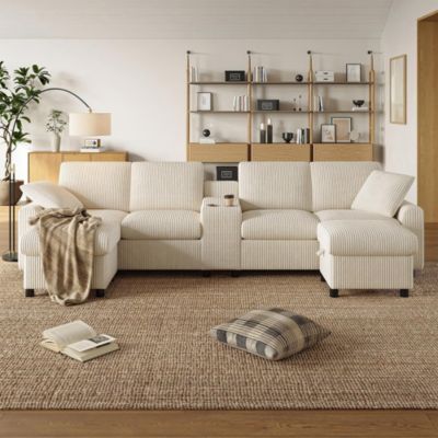 Canapé en velours côtelé en forme de U avec repose-pieds, table basse, ports USB et Type-C, beige, 315x81x135cm