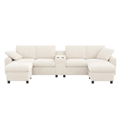 Canapé en velours côtelé en forme de U avec repose-pieds, table basse, ports USB et Type-C, beige, 315x81x135cm