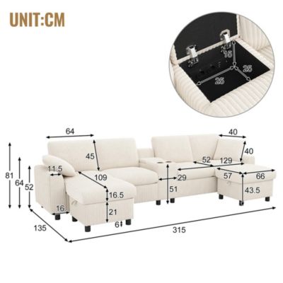 Canapé en velours côtelé en forme de U avec repose-pieds, table basse, ports USB et Type-C, beige, 315x81x135cm
