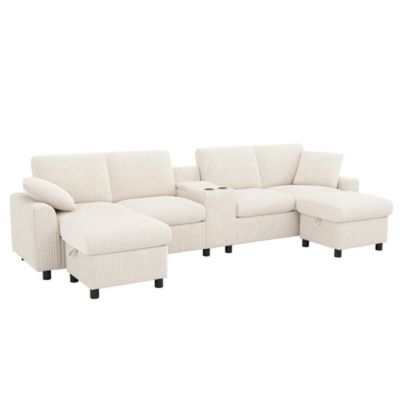 Canapé en velours côtelé en forme de U avec repose-pieds, table basse, ports USB et Type-C, beige, 315x81x135cm