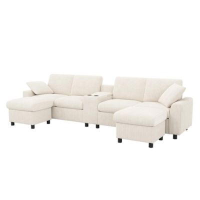 Canapé en velours côtelé en forme de U avec repose-pieds, table basse, ports USB et Type-C, beige, 315x81x135cm