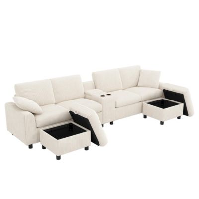 Canapé en velours côtelé en forme de U avec repose-pieds, table basse, ports USB et Type-C, beige, 315x81x135cm