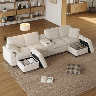 Canapé en velours côtelé en forme de U avec repose-pieds, table basse, ports USB et Type-C, beige, 315x81x135cm