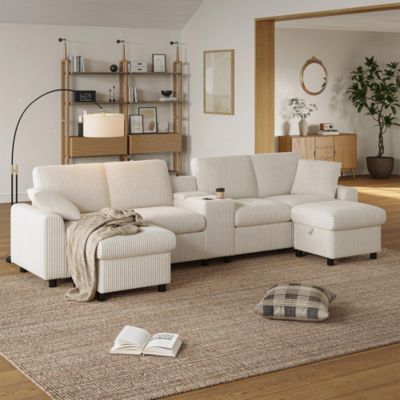 Canapé en velours côtelé en forme de U avec repose-pieds, table basse, ports USB et Type-C, beige, 315x81x135cm