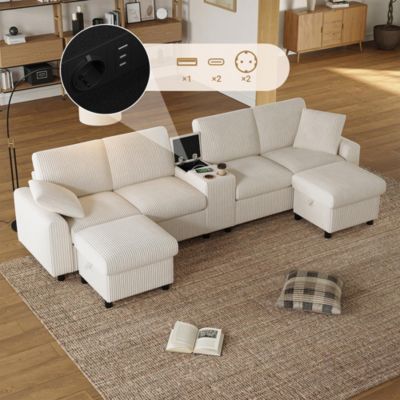 Canapé en velours côtelé en forme de U avec repose-pieds, table basse, ports USB et Type-C, beige, 315x81x135cm