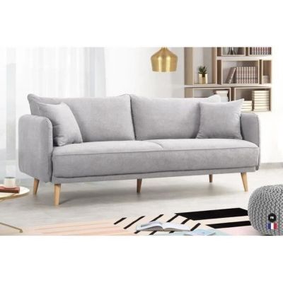 Canapé Fixe 3 places DAREN -Tissu Gris clair - Style scandinave -2 Coussins Déco - 207 x 90 x 88 cm