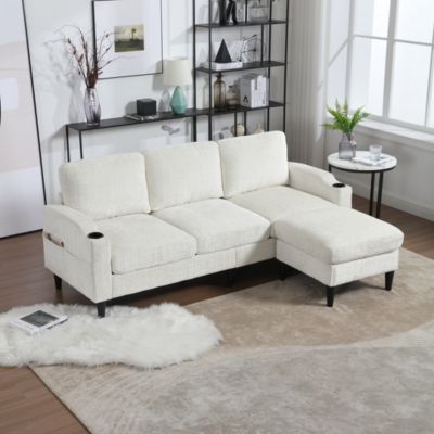 Canapé élégant 4 places avec pouf et rangement, accoudoirs confortables, porte-gobelet, poches latérales, pieds plastique, velours