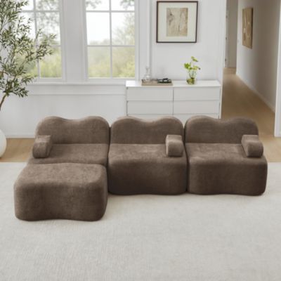 Canapé L marron 3 places, sans structure, 1 pouf, mousse 32D, design ...