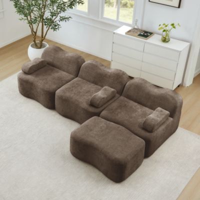 Canapé L marron 3 places, sans structure, 1 pouf, mousse 32D, design ...