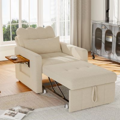 Canapé-lit 1 place beige en tissu chenille, dossier réglable 5 positions, avec tablette latérale et rangement, gain de place