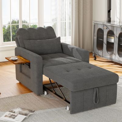 Canapé-lit 1 place gris en tissu chenille, dossier réglable 5 positions, avec tablette latérale et rangement, gain de place
