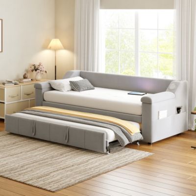 Canapé-lit 140x190 cm convertible en tissu gris avec coffre et accoudoirs, mécanisme clic-clac, structure métal